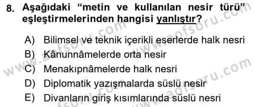 XVI-XIX. Yüzyıllar Türk Dili Dersi 2022 - 2023 Yılı (Vize) Ara Sınav Soruları 8. Soru