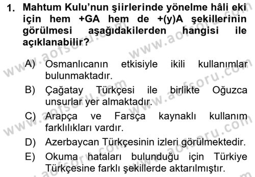 XVI-XIX. Yüzyıllar Türk Dili Dersi 2022 - 2023 Yılı (Final) Dönem Sonu Sınav Soruları 1. Soru