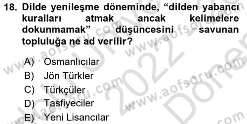 XVI-XIX. Yüzyıllar Türk Dili Dersi 2022 - 2023 Yılı (Final) Dönem Sonu Sınav Soruları 18. Soru