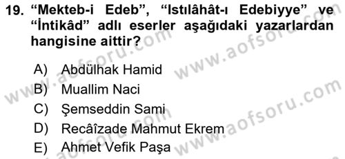 XVI-XIX. Yüzyıllar Türk Dili Dersi 2022 - 2023 Yılı (Final) Dönem Sonu Sınav Soruları 19. Soru