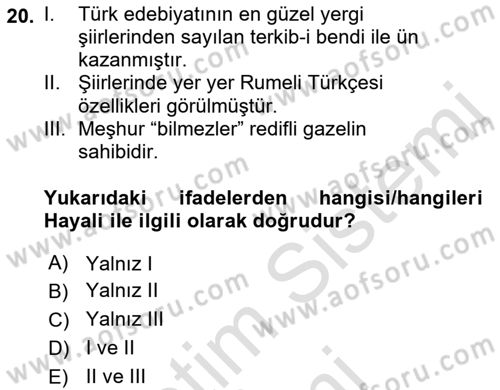 XVI-XIX. Yüzyıllar Türk Dili Dersi 2022 - 2023 Yılı (Final) Dönem Sonu Sınav Soruları 20. Soru