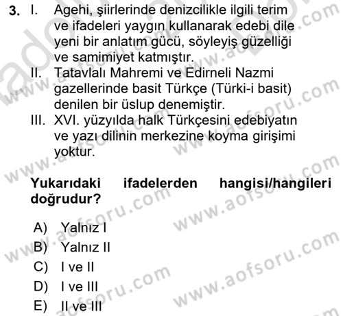 XVI-XIX. Yüzyıllar Türk Dili Dersi 2022 - 2023 Yılı (Final) Dönem Sonu Sınav Soruları 3. Soru