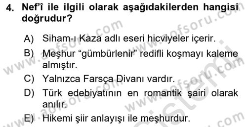 XVI-XIX. Yüzyıllar Türk Dili Dersi 2022 - 2023 Yılı (Final) Dönem Sonu Sınav Soruları 4. Soru