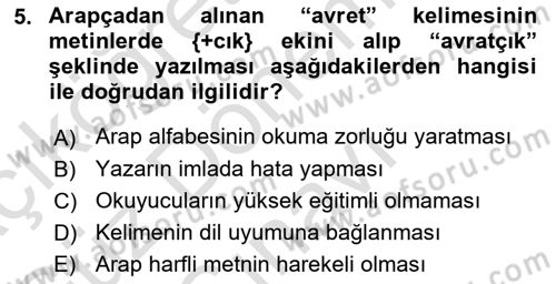 XVI-XIX. Yüzyıllar Türk Dili Dersi 2022 - 2023 Yılı (Final) Dönem Sonu Sınav Soruları 5. Soru