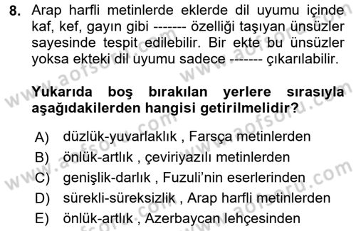 XVI-XIX. Yüzyıllar Türk Dili Dersi 2022 - 2023 Yılı (Final) Dönem Sonu Sınav Soruları 8. Soru