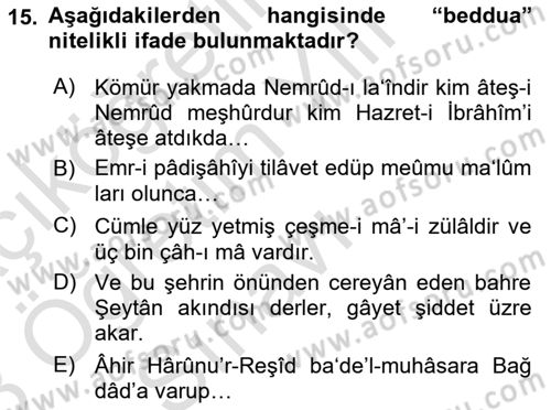 XVI-XIX. Yüzyıllar Türk Dili Dersi 2022 - 2023 Yılı Yaz Okulu Sınav Soruları 15. Soru