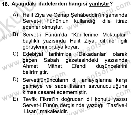 XVI-XIX. Yüzyıllar Türk Dili Dersi 2022 - 2023 Yılı Yaz Okulu Sınav Soruları 16. Soru