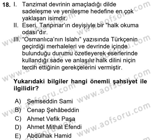 XVI-XIX. Yüzyıllar Türk Dili Dersi 2022 - 2023 Yılı Yaz Okulu Sınav Soruları 18. Soru