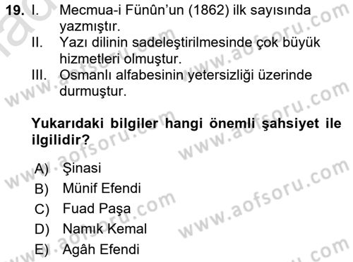 XVI-XIX. Yüzyıllar Türk Dili Dersi 2022 - 2023 Yılı Yaz Okulu Sınav Soruları 19. Soru