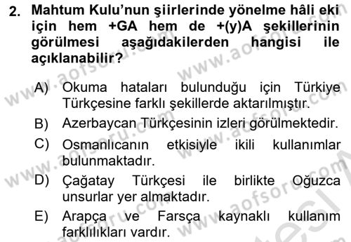 XVI-XIX. Yüzyıllar Türk Dili Dersi 2022 - 2023 Yılı Yaz Okulu Sınav Soruları 2. Soru