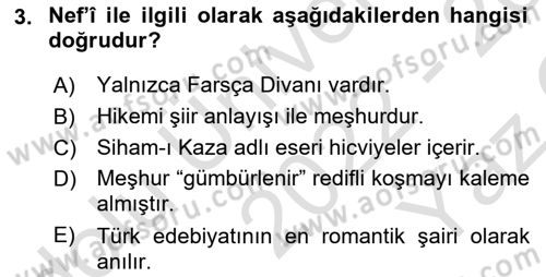 XVI-XIX. Yüzyıllar Türk Dili Dersi 2022 - 2023 Yılı Yaz Okulu Sınav Soruları 3. Soru