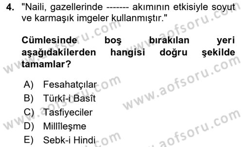 XVI-XIX. Yüzyıllar Türk Dili Dersi 2022 - 2023 Yılı Yaz Okulu Sınav Soruları 4. Soru