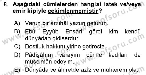 XVI-XIX. Yüzyıllar Türk Dili Dersi 2022 - 2023 Yılı Yaz Okulu Sınav Soruları 8. Soru