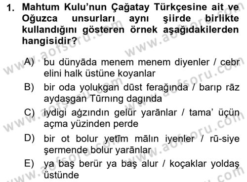 XVI-XIX. Yüzyıllar Türk Dili Dersi Ara Sınavı Deneme Sınav Soruları 1. Soru