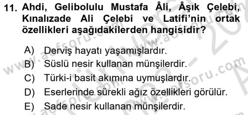 XVI-XIX. Yüzyıllar Türk Dili Dersi 2023 - 2024 Yılı (Vize) Ara Sınav Soruları 11. Soru