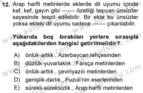 XVI-XIX. Yüzyıllar Türk Dili Dersi Ara Sınavı Deneme Sınav Soruları 12. Soru