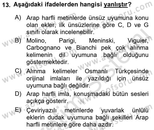 XVI-XIX. Yüzyıllar Türk Dili Dersi Ara Sınavı Deneme Sınav Soruları 13. Soru