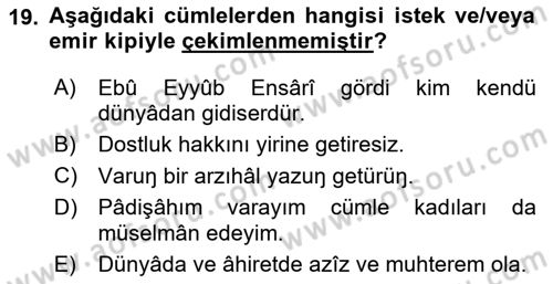 XVI-XIX. Yüzyıllar Türk Dili Dersi Ara Sınavı Deneme Sınav Soruları 19. Soru