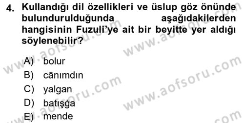 XVI-XIX. Yüzyıllar Türk Dili Dersi 2023 - 2024 Yılı (Vize) Ara Sınav Soruları 4. Soru