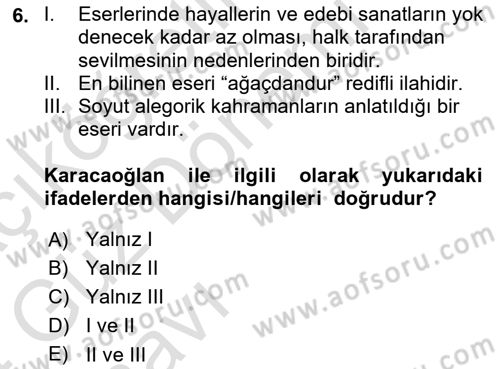 XVI-XIX. Yüzyıllar Türk Dili Dersi 2023 - 2024 Yılı (Vize) Ara Sınav Soruları 6. Soru
