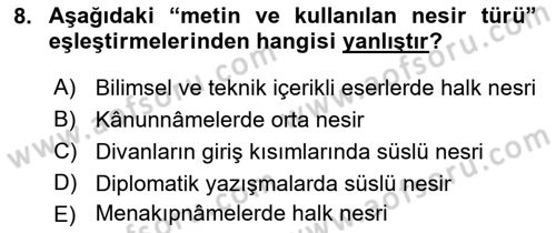 XVI-XIX. Yüzyıllar Türk Dili Dersi Ara Sınavı Deneme Sınav Soruları 8. Soru