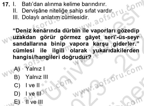 XVI-XIX. Yüzyıllar Türk Dili Dersi 2023 - 2024 Yılı (Final) Dönem Sonu Sınav Soruları 17. Soru