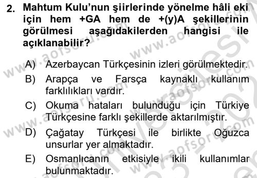 XVI-XIX. Yüzyıllar Türk Dili Dersi 2023 - 2024 Yılı (Final) Dönem Sonu Sınav Soruları 2. Soru
