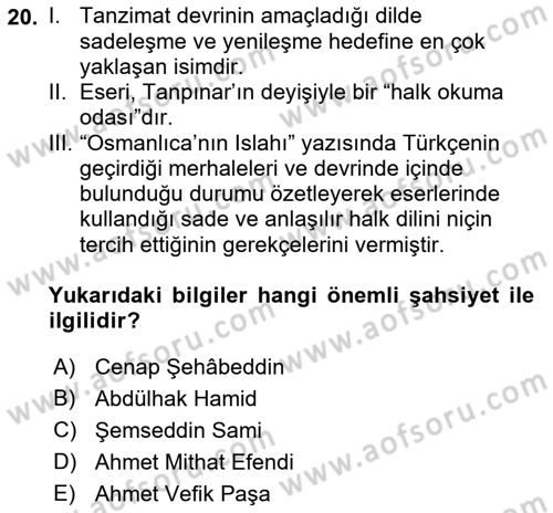 XVI-XIX. Yüzyıllar Türk Dili Dersi 2023 - 2024 Yılı (Final) Dönem Sonu Sınav Soruları 20. Soru