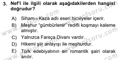 XVI-XIX. Yüzyıllar Türk Dili Dersi 2023 - 2024 Yılı (Final) Dönem Sonu Sınav Soruları 3. Soru