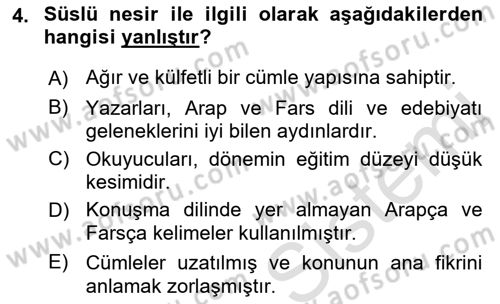 XVI-XIX. Yüzyıllar Türk Dili Dersi 2023 - 2024 Yılı (Final) Dönem Sonu Sınav Soruları 4. Soru