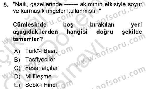 XVI-XIX. Yüzyıllar Türk Dili Dersi 2023 - 2024 Yılı (Final) Dönem Sonu Sınav Soruları 5. Soru