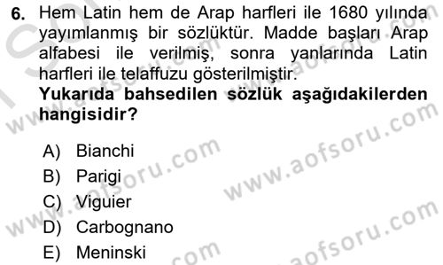 XVI-XIX. Yüzyıllar Türk Dili Dersi 2023 - 2024 Yılı (Final) Dönem Sonu Sınav Soruları 6. Soru