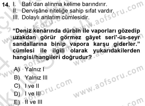 XVI-XIX. Yüzyıllar Türk Dili Dersi 2023 - 2024 Yılı Yaz Okulu Sınav Soruları 14. Soru