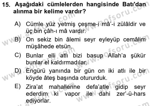 XVI-XIX. Yüzyıllar Türk Dili Dersi 2023 - 2024 Yılı Yaz Okulu Sınav Soruları 15. Soru