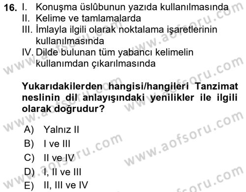 XVI-XIX. Yüzyıllar Türk Dili Dersi 2023 - 2024 Yılı Yaz Okulu Sınav Soruları 16. Soru
