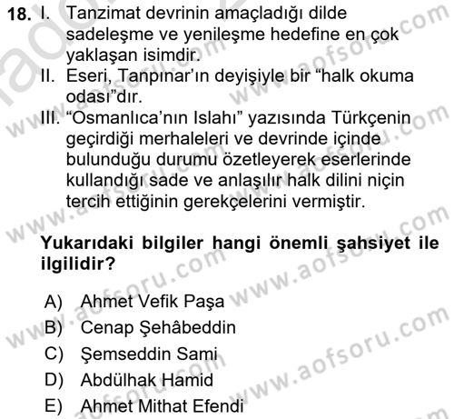 XVI-XIX. Yüzyıllar Türk Dili Dersi 2023 - 2024 Yılı Yaz Okulu Sınav Soruları 18. Soru