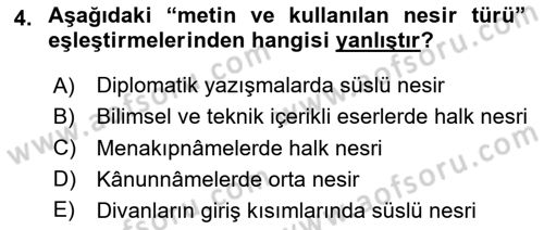 XVI-XIX. Yüzyıllar Türk Dili Dersi 2023 - 2024 Yılı Yaz Okulu Sınav Soruları 4. Soru
