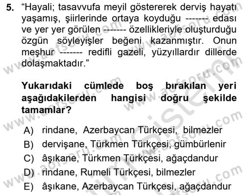 XVI-XIX. Yüzyıllar Türk Dili Dersi 2023 - 2024 Yılı Yaz Okulu Sınav Soruları 5. Soru