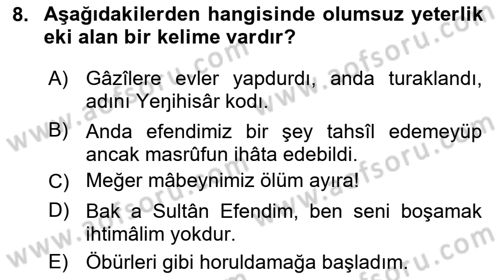 XVI-XIX. Yüzyıllar Türk Dili Dersi 2023 - 2024 Yılı Yaz Okulu Sınavı 8. Soru