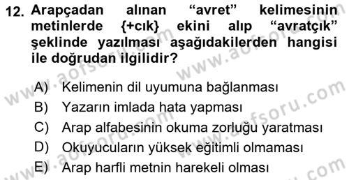XVI-XIX. Yüzyıllar Türk Dili Dersi Ara Sınavı Deneme Sınav Soruları 12. Soru
