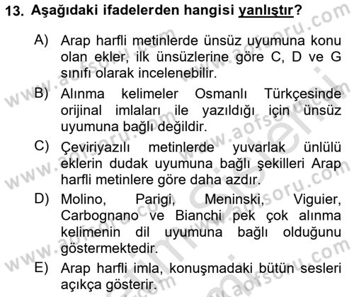 XVI-XIX. Yüzyıllar Türk Dili Dersi Ara Sınavı Deneme Sınav Soruları 13. Soru