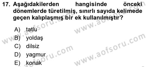 XVI-XIX. Yüzyıllar Türk Dili Dersi Ara Sınavı Deneme Sınav Soruları 17. Soru