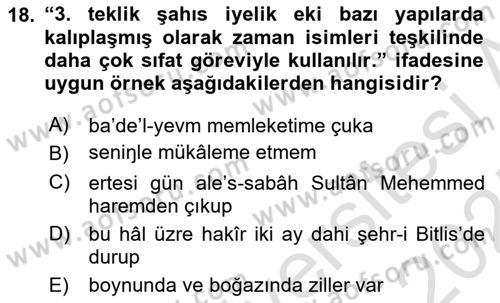 XVI-XIX. Yüzyıllar Türk Dili Dersi 2024 - 2025 Yılı (Vize) Ara Sınav Soruları 18. Soru