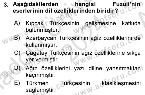 XVI-XIX. Yüzyıllar Türk Dili Dersi Ara Sınavı Deneme Sınav Soruları 3. Soru