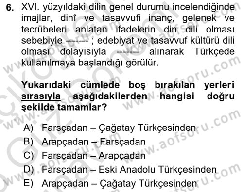 XVI-XIX. Yüzyıllar Türk Dili Dersi 2024 - 2025 Yılı (Vize) Ara Sınav Soruları 6. Soru