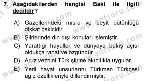 XVI-XIX. Yüzyıllar Türk Dili Dersi Ara Sınavı Deneme Sınav Soruları 7. Soru