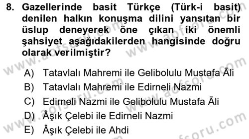 XVI-XIX. Yüzyıllar Türk Dili Dersi 2024 - 2025 Yılı (Vize) Ara Sınav Soruları 8. Soru
