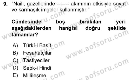 XVI-XIX. Yüzyıllar Türk Dili Dersi Ara Sınavı Deneme Sınav Soruları 9. Soru