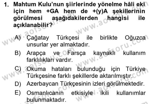 XVI-XIX. Yüzyıllar Türk Dili Dersi 2024 - 2025 Yılı (Final) Dönem Sonu Sınav Soruları 1. Soru