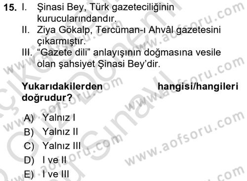 XVI-XIX. Yüzyıllar Türk Dili Dersi 2024 - 2025 Yılı (Final) Dönem Sonu Sınav Soruları 15. Soru
